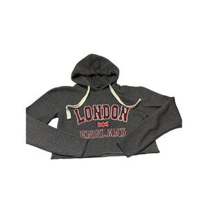 Cropped Embroidered London England Hoodie Urbanity M/L Teens Gray Red Pullover
